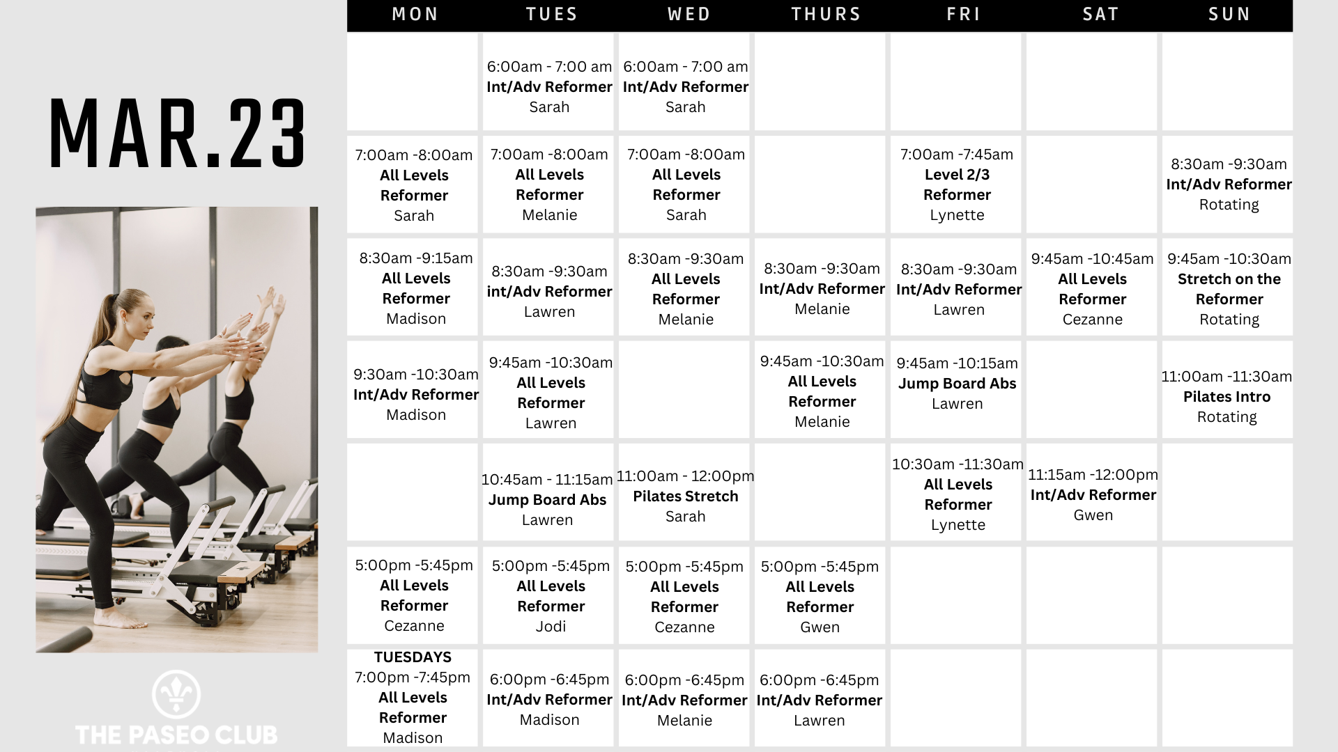 Paseo Club Pilates Calendar